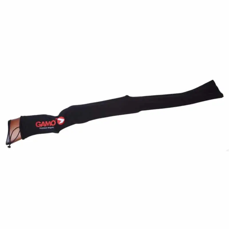 Gamo Air Rifle Sock 1 Gamo Air Rifle Sock - black fabric rifle sock with red Gamo logo shown covering a rifle