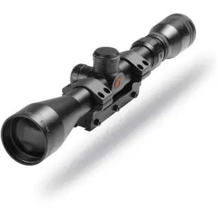Gamo 3-9X40WR Riflescope - angled view of long black scope with two mounting rings