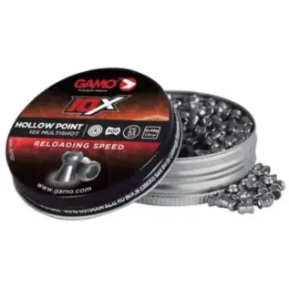 Home 67 Gamo Hollow Point pellets - (Pack of 500) - open Hollow Point pellet tin with orange label and pellets beside it
