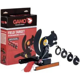 Gamo Squirrel Field Target Trap - black squirrel-shaped field target with interchangeable centre rings beside retail box
