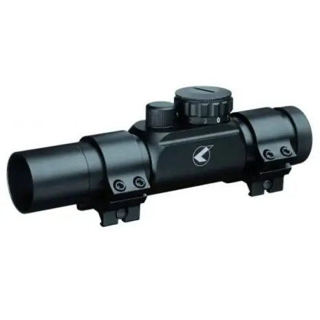 Gamo 30mm RGB Red Dot Sight - angled view of black tubular red dot sight with two mounting feet Gamo 30mm RGB Red Dot Sight - angled view of black tubular red dot sight with two mounting feet