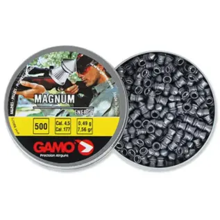 Gamo 4.5mm Magnum Pellets - 500 Pack - open Magnum pellet tin with yellow label marked 500 beside pellets
