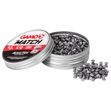 Gamo Match AccuTek 4.5mm Pellets – 500 Gamo Match AccuTek 4.5mm 500-pellet tin with flat-headed lead pellets