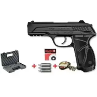 Home 38 Gamo PT-85 Blowback CO2 Air Pistol Pack - pack graphic showing black pistol beside case CO2 capsules pellet tin and targets
