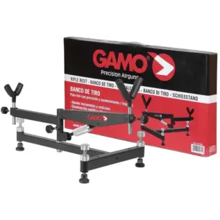 Gamo Rifle Rest - black adjustable rifle rest beside red and black retail box