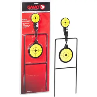 Gamo Rotative Metal Target - yellow circular spinning target on black metal stand beside retail packaging