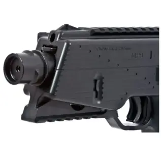 Gamo MP9 Blowback Submachine CO2 Pistol – 4.5mm, BB – close-up of black air pistol body and front rail Gamo MP9 Blowback Submachine CO2 Pistol - 4.5mm, BB - close-up of black air pistol body and front rail