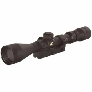 Gamo 3-12x40 Riflescope (With Rings) - angled view of black riflescope with mounting rings and base