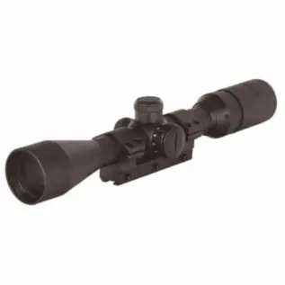 Gamo 3-9x50 IRWR Riflescope - angled view of black telescopic sight with mounting base