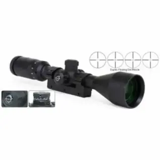 Gamo 3-9x50 RGB Center Dot Riflescope - black telescopic sight beside reticle diagrams and detail insets