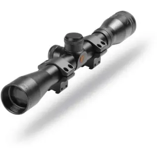 Gamo 4x32 Riflescope (With Rings) - angled view of black telescopic sight with two mounting rings