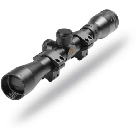 Gamo 4x32 Riflescope (With Rings) - angled view of black telescopic sight with two mounting rings Gamo 4x32 Riflescope (With Rings) - angled view of black telescopic sight with two mounting rings