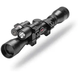 Gamo 4x32 Vampir Riflescope (With Rings) - angled view of black scope with mounted light and cylindrical accessory