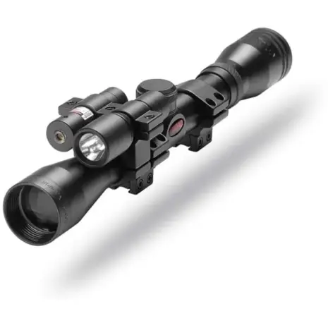 Gamo 4x32 Vampir Riflescope (With Rings) - angled view of black scope with mounted light and cylindrical accessory Gamo 4x32 Vampir Riflescope (With Rings) - angled view of black scope with mounted light and cylindrical accessory