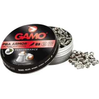 Gamo Armor PBA Pellets - 4.5mm (Pack of 125) - open PBA Armor pellet tin with red label and pellets beside it