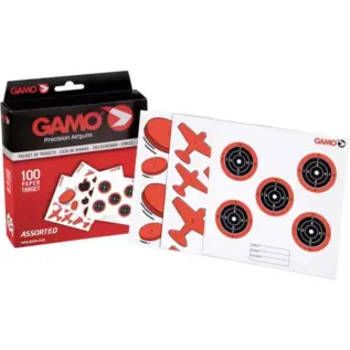 Gamo Assorted Targets (Pack of 100) - assorted paper target sheets beside red and black retail box