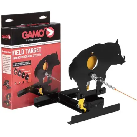 Gamo Boar Field Target - boar-shaped field target beside red and black retail box Gamo Boar Field Target - boar-shaped field target beside red and black retail box