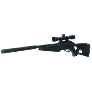 Gamo Bull Whisper 4.5mm Air Rifle With 4x32WR Riflescope - black thumbhole-stock air rifle with mounted riflescope and barrel shroud
