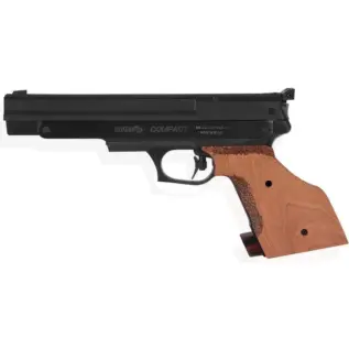 Gamo Compact Air Pistol - 4.5mm - side view of black air pistol with shaped brown wooden grip