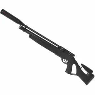 Gamo Coyote Whisper PCP Synthetic Air Rifle - 5.5mm - angled view of black air rifle with thumbhole stock