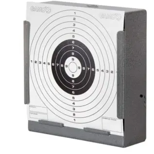 Gamo Flat Catch Pellet Trap - grey pellet trap fitted with paper bullseye target