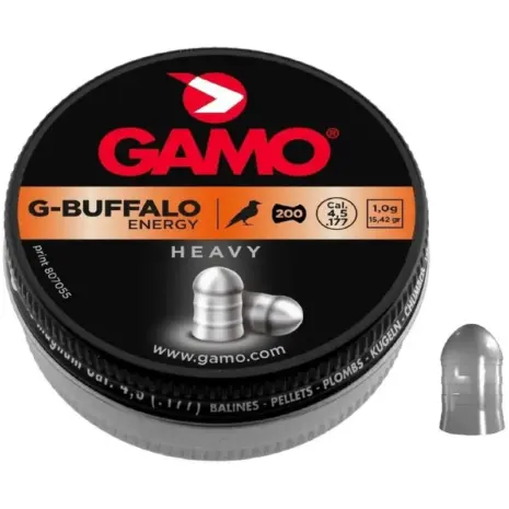 Gamo G-Buffalo Pellets - 4.5mm (Pack of 200) - closed G-Buffalo pellet tin with orange label and pellet beside it Gamo G-Buffalo Pellets - 4.5mm (Pack of 200) - closed G-Buffalo pellet tin with orange label and pellet beside it