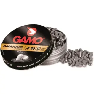 Home 54 Gamo G-Hammer Pellets - 4.5mm (Pack of 200) - open G-Hammer pellet tin with gold label and pellets beside it