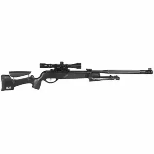 Gamo HPA Mi-Maxxim IGT Air Rifle – 4.5mm (With 3-9x40WR Riflescope) – right-facing black air rifle with scope and bipod folded Gamo HPA Mi-Maxxim IGT Air Rifle - 4.5mm (With 3-9x40WR Riflescope) - right-facing black air rifle with scope and bipod folded