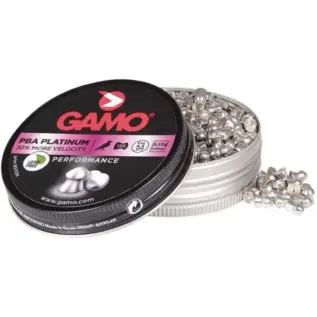 Home 68 Gamo PBA Platinum Pellets - 5.5mm (Pack of 75) - open PBA Platinum pellet tin with pink label and pellets beside it