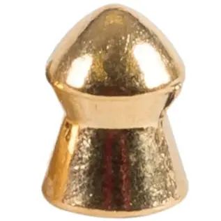 Gamo PBA Raptor 5.5mm Pellets – 50 (25 × 2) – close-up of gold-coloured pointed pellet Gamo PBA Raptor 5.5mm Pellets - 50 (25 × 2) - close-up of gold-coloured pointed pellet