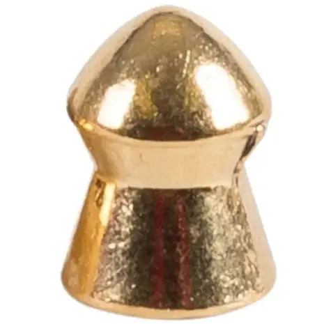 Gamo PBA Raptor 5.5mm Pellets - 50 (25 × 2) - close-up of gold-coloured pointed pellet Gamo PBA Raptor 5.5mm Pellets - 50 (25 × 2) - close-up of gold-coloured pointed pellet
