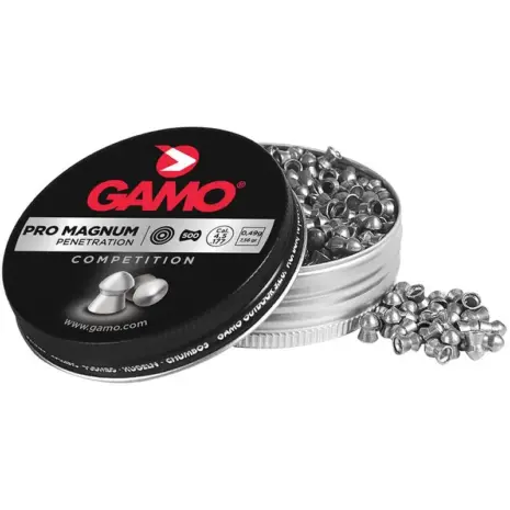 Gamo Pro-Magnum Pellets - 4.5mm - open pellet tin with white label and loose pellets Gamo Pro-Magnum Pellets - 4.5mm - open pellet tin with white label and loose pellets