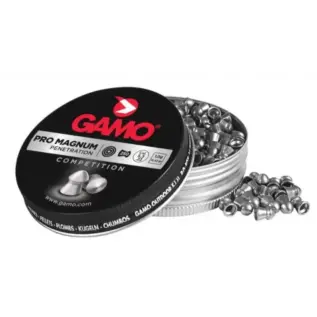 Gamo Pro-Magnum Pellets - 5.5mm (Pack of 250) - open Pro Magnum pellet tin with black and silver label and pellets beside it