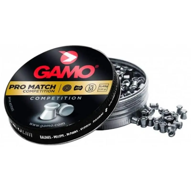 Gamo Pro Match Pellets - 4.5mm (Pack of 250) - open Pro Match pellet tin with yellow label and pellets beside it