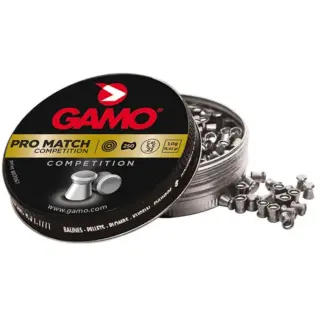 Gamo Pro-Match Pellets - 5.5mm (Pack of 250) - open Pro Match pellet tin with yellow label and pellets beside it