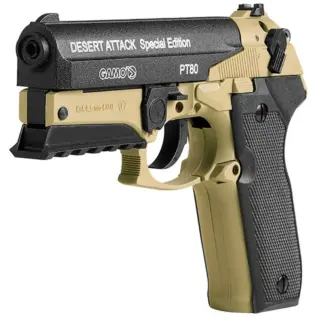 Home 39 Gamo PT-80 Desert CO2 Air Pistol - 4.5mm - angled view of tan and black PT80 air pistol with textured black grip