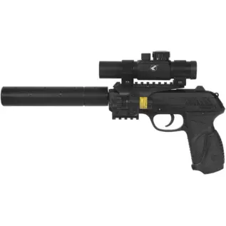 Gamo PT-85 Blowback Tactical CO2 Air Pistol - 4.5mm - side view of black pistol fitted with long barrel attachment and top-mounted sight