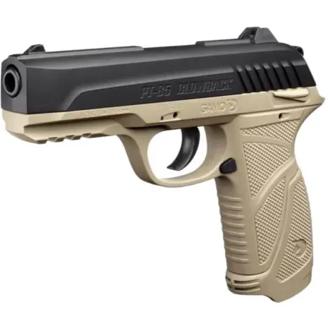 Gamo PT-85 Desert Blowback CO2 Air Pistol - 4.5mm - angled view of air pistol with black slide and tan grip Gamo PT-85 Desert Blowback CO2 Air Pistol - 4.5mm - angled view of air pistol with black slide and tan grip