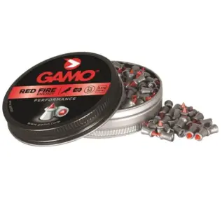 Gamo Redfire Pellets - 4.5mm (Pack of 125) - open Red Fire pellet tin with red label and pellets beside it