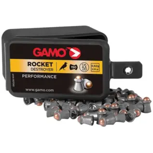 Gamo Rocket Pellets - 4.5mm (Pack of 150) - black Rocket pellet box with yellow label and copper-tipped pellets beside it