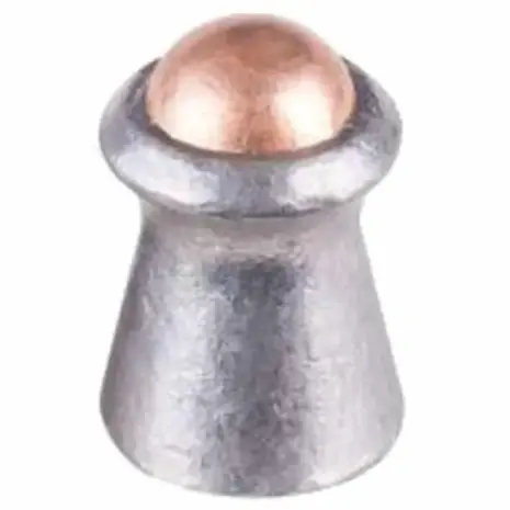 Gamo Rocket Pellets - 5.5mm (Pack of 100) - close-up of grey pellet with copper-coloured spherical tip Gamo Rocket Pellets - 5.5mm (Pack of 100) - close-up of grey pellet with copper-coloured spherical tip