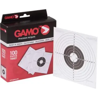 Home 62 Gamo Standard Paper Targets (Pack of 100) - paper bullseye target sheets beside red and black retail box