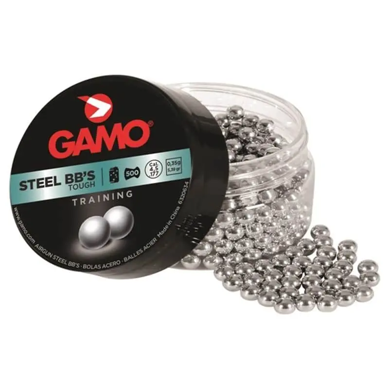 Gamo Steel BBs - 4.5mm (Pack of 500) - open Steel BBs container with turquoise label and round silver balls beside it