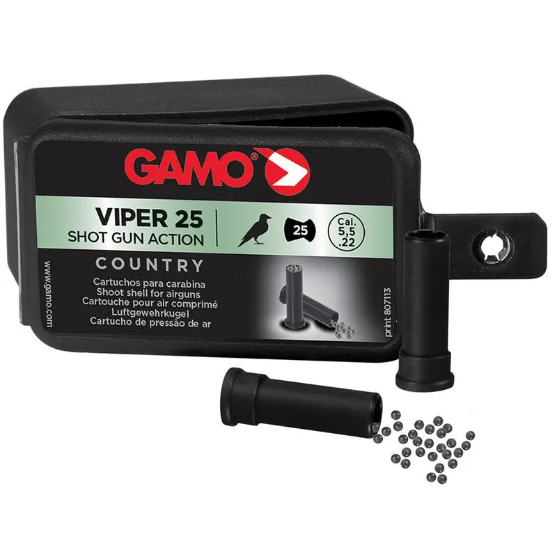 Gamo Viper Express 25 Pellets - 5.5mm - black Viper 25 box with cartridges and small round pellets beside it