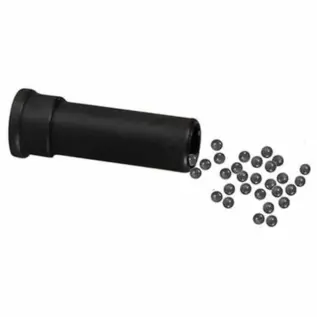 Gamo Viper Express 25 Pellets – 5.5mm – black cartridge with small round pellets beside it Gamo Viper Express 25 Pellets - 5.5mm - black cartridge with small round pellets beside it