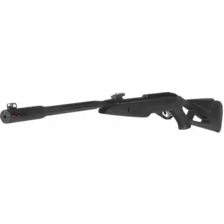 Gamo Whisper Fusion 4.5mm Air Rifle - black air rifle with open stock and vented muzzle shown at an angle