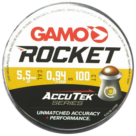 Gamo Rocket AccuTek 5.5mm — labelled tin lid Gamo Rocket AccuTek 5.5mm tin lid marked 0.94g and 100 pellets
