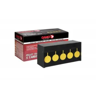Gamo 5 Circle Pellet Trap – five circle pellet trap beside red and black retail box Gamo 5 Circle Pellet Trap - five circle pellet trap beside red and black retail box