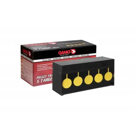 Gamo 5 Circle Pellet Trap - five circle pellet trap beside red and black retail box Gamo 5 Circle Pellet Trap - five circle pellet trap beside red and black retail box